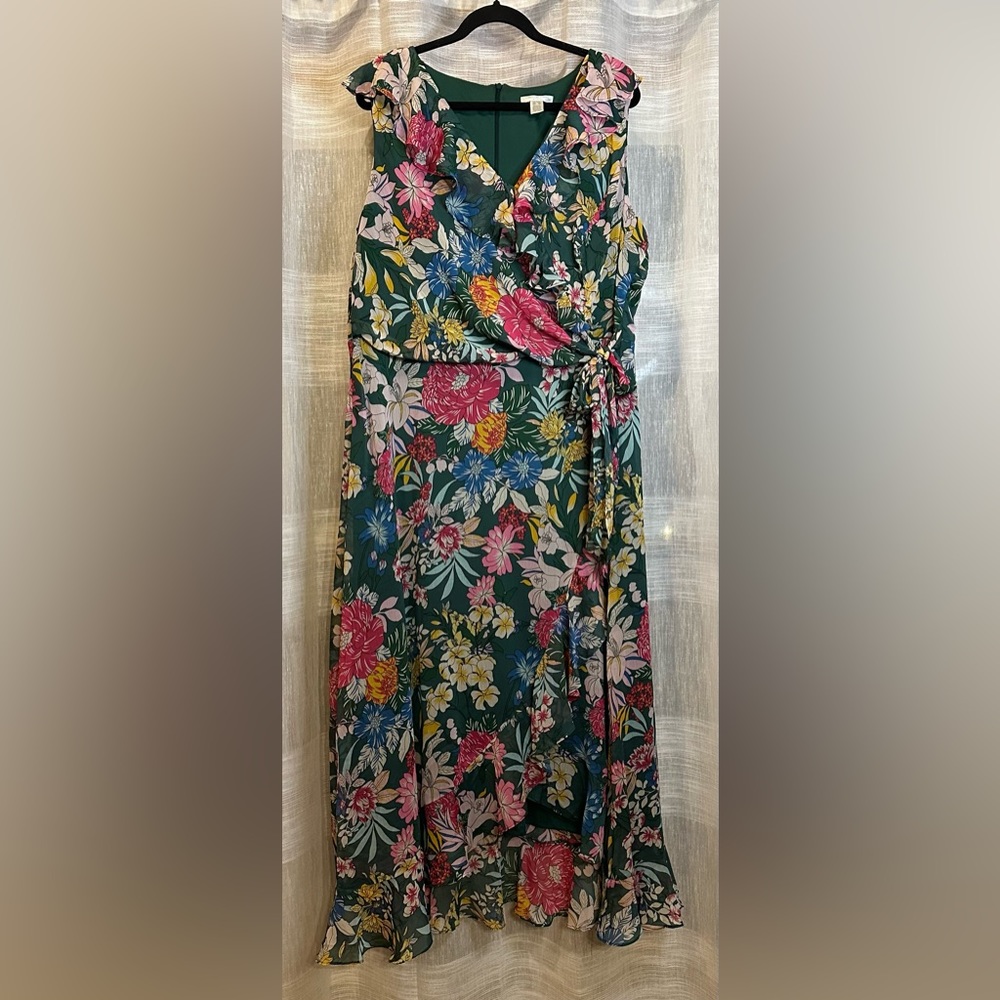 Womens Sleeveless Dress Plus Size 16w Green Floral Easter